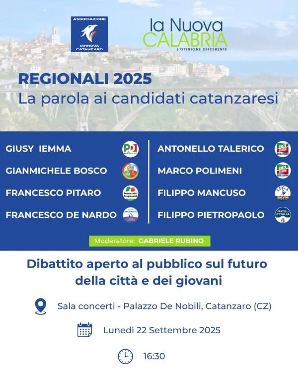 Regionali 2025, lunedì 22 settembre a Catanzaro il confronto tra i candidati al Consiglio