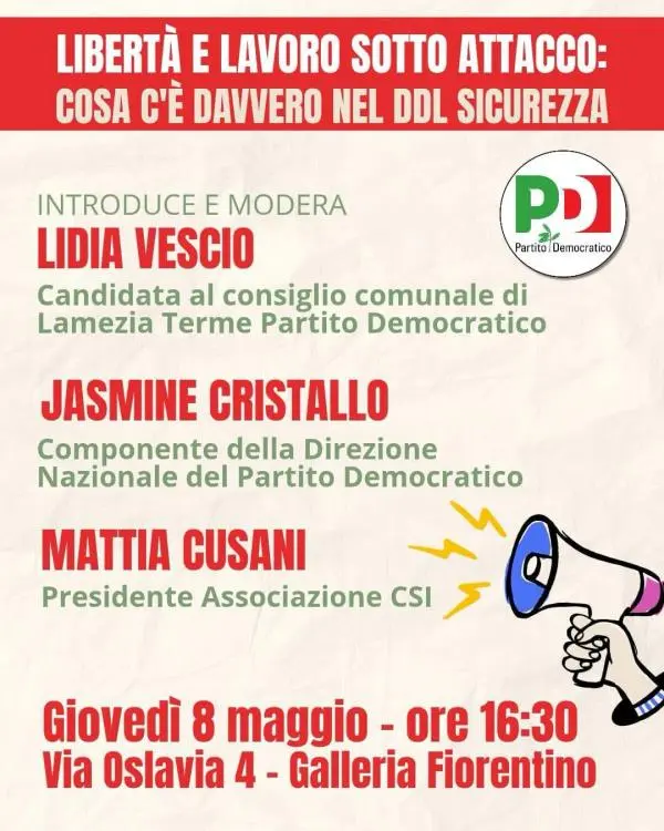 Lamezia, il PD in piazza l’8 maggio: una giornata tra diritti, cultura e futuro della città

 