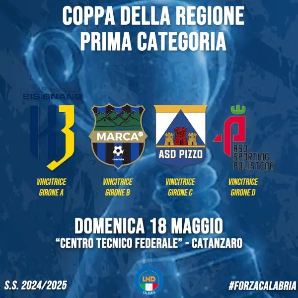 Il Centro tecnico federale di Catanzaro ospita il Trofeo Coppa della Regione Prima Categoria