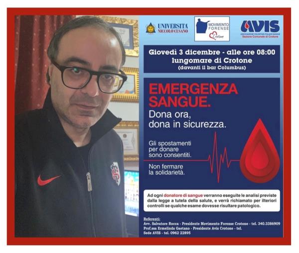 images Sociale. L'avv. Rocca (MF) presenta l’iniziativa: “Le giornate dedicate alla donazione del sangue nel Crotonese”