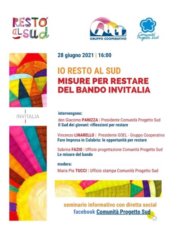 images Una misura per restare, il bando "Resto al Sud" di Invitalia: seminario informativo e diretta facebook @CPS Lamezia 