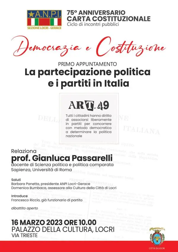 images Democrazia e Costituzione, giovedì 16 marzo a Locri si discute di partecipazione politica