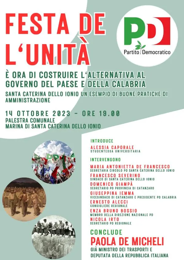 Festa de l'Unità a Santa Caterina dello Jonio: col PD ci sarà anche Paola de Micheli