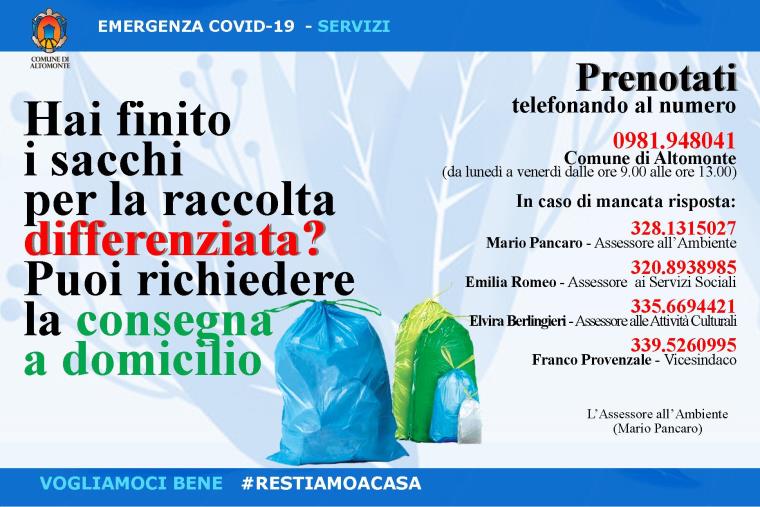 Coronavirus. Il virus non ferma la raccolta differenziata. Il Comune di Altomonte distribuisce i sacchetti a domicilio