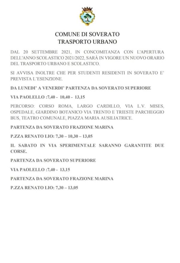 Soverato. Implementato il servizio di trasporto urbano e scolastico tra Soverato superiore e la Marina