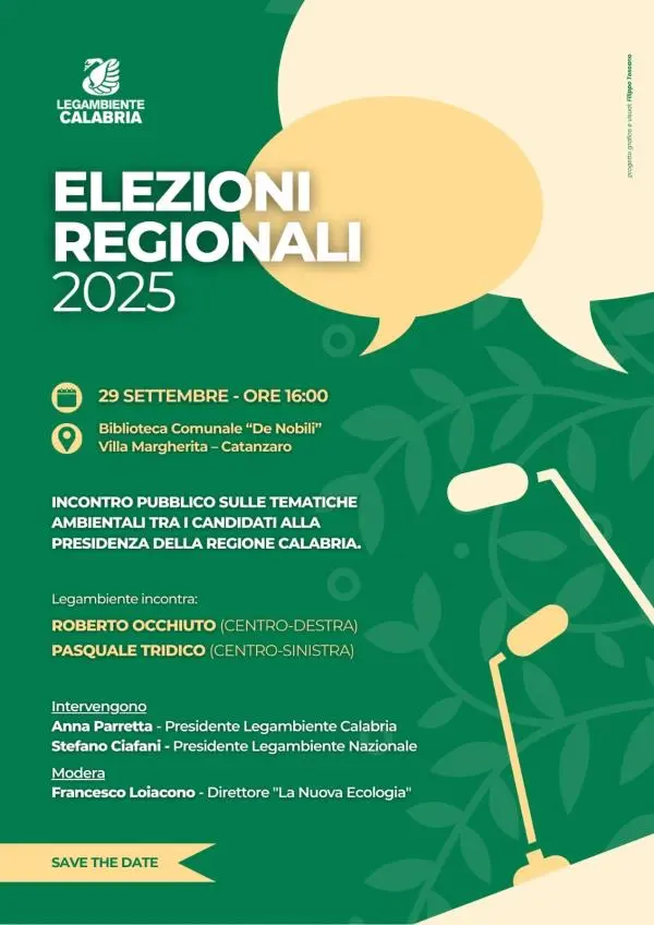 Elezioni regionali 2025, a Catanzaro il 29 settembre confronto pubblico sui temi ambientali con i candidati Occhiuto e Tridico 