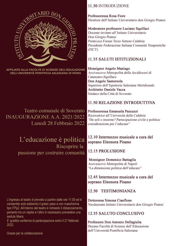 Soverato, Mons. Mimmo Battaglia inaugura l’anno accademico dell’Istituto universitario “Don Giorgio Pratesi” 
