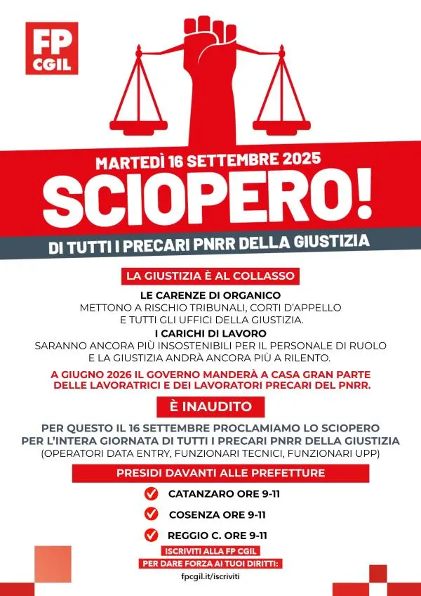 Precari della Giustizia, il 16 settembre presidi davanti alle Prefetture di Catanzaro, Cosenza e Reggio