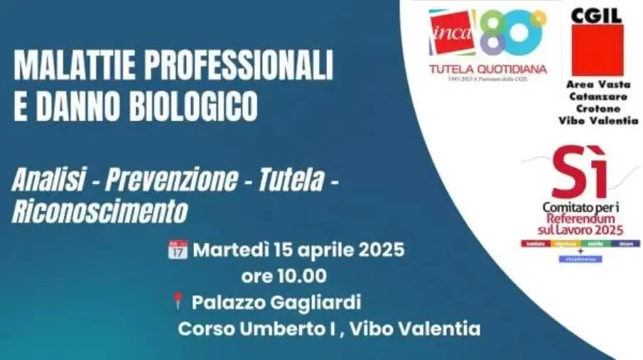“Malattie professionali e danno biologico”: domani a Vibo un convegno su analisi, prevenzione, tutela e riconoscimento