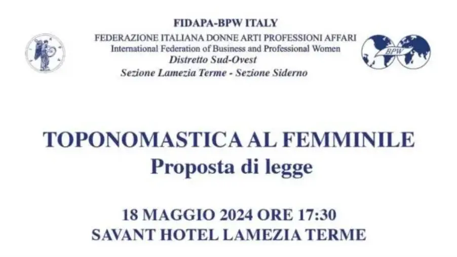 "Toponomastica al femminile”: la Fidapa presenta una proposta di legge a Lamezia 