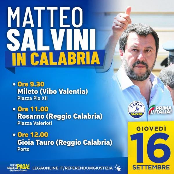 Regionali. Domani Salvini arriva nel Reggino (LE TAPPE)