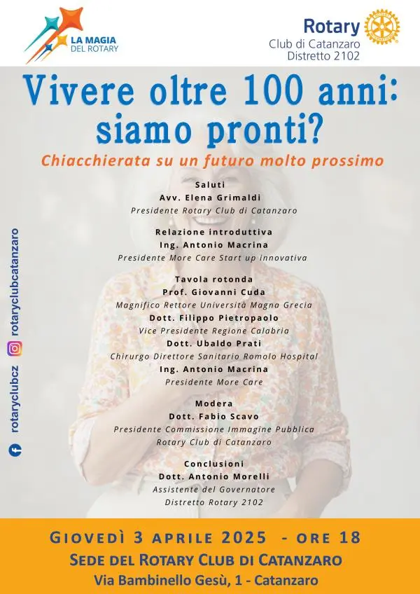 Giovedì convegno del Rotary club di Catanzaro: “Vivere oltre i 100 anni: siamo pronti?”