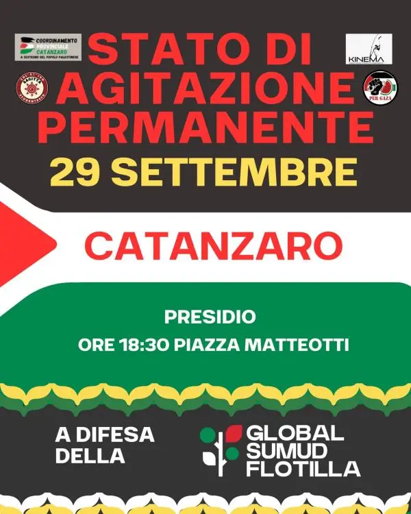 Per Gaza e al fianco della Global Sumud Flotilla, domani a Catanzaro presidio in piazza Matteotti 