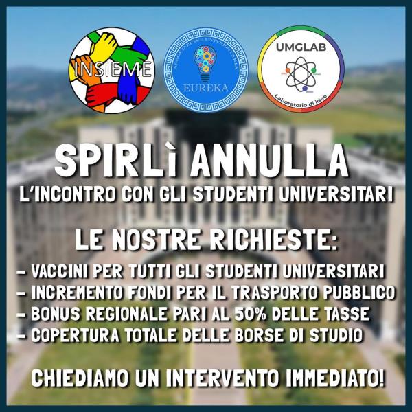 Università. Spirlì rinvia ancora una volta l'incontro con le associazioni dell'Umg: "Non ci arrenderemo"