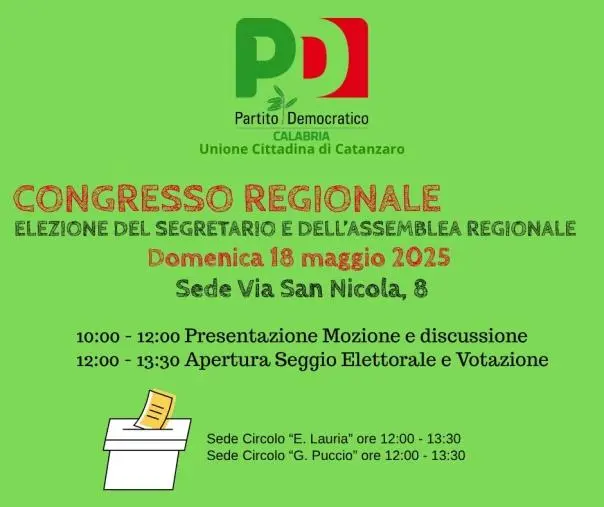 Domenica riunione dei Circoli della Città di Catanzaro per l'elezione del Segretario e dell'Assemblea Regionale del Partito Democratico