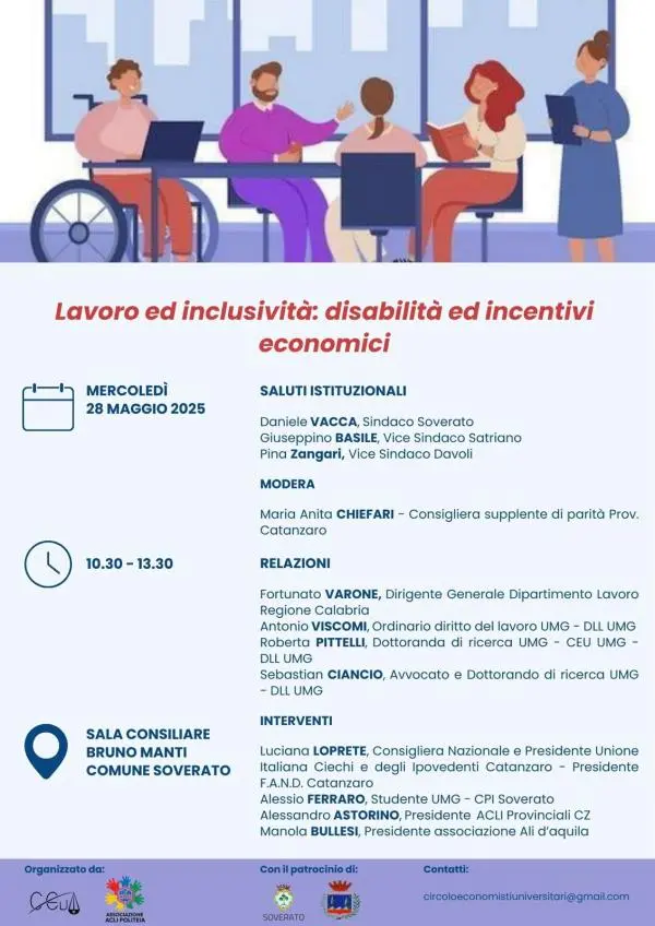 Mercoledì a Soverato un focus su lavoro ed inclusività,

disabilità ed incentivi economici