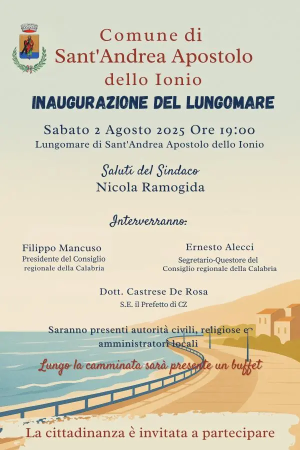 Sabato 2 agosto, l'inaugurazione del nuovo lungomare di Sant’Andrea Apostolo dello Ionio 