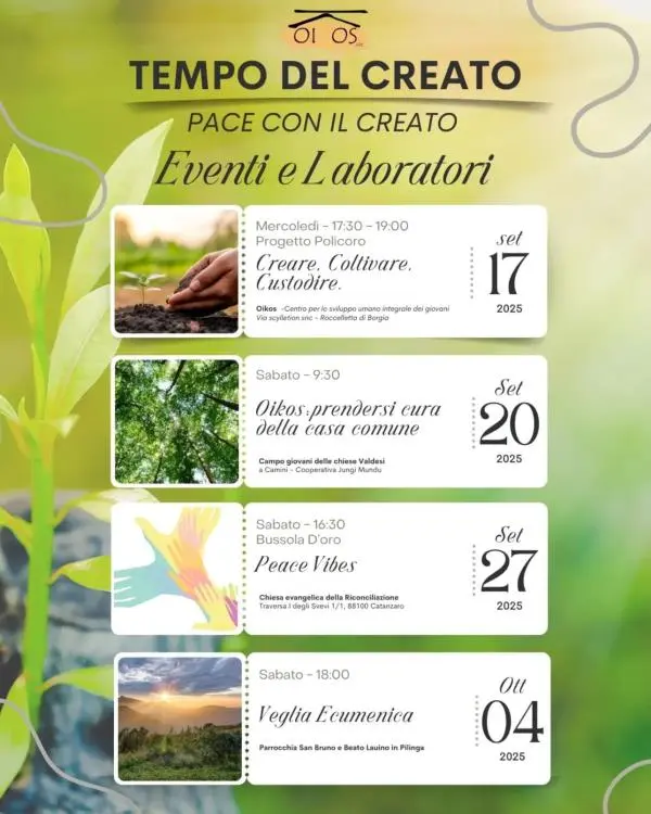 Tempo del Creato: eventi e laboratori per custodire la casa comune promossi da Oikos Aps