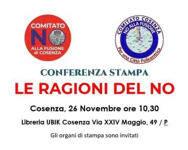 Cosenza città unica, in un a conferenza saranno illustrate le ragioni del 'No' 