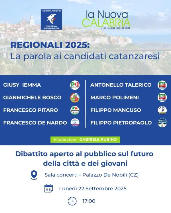 Regionali 2025, lunedì 22 settembre a Catanzaro il confronto tra i candidati al Consiglio