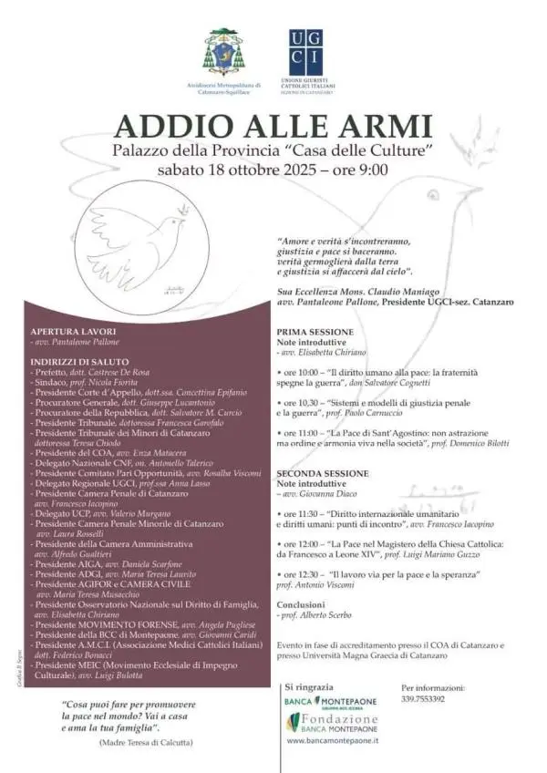 Convegno dei Giuristi Cattolici a Catanzaro su Addio alle armi 