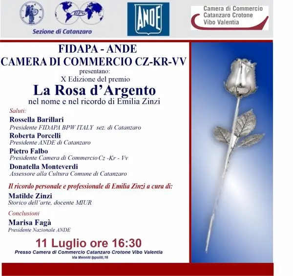 "La Rosa d'argento" X edizione, a Catanzaro Fidapa, Ande e Camera di Commercio unite in nome e memoria di Emilia Zinzi