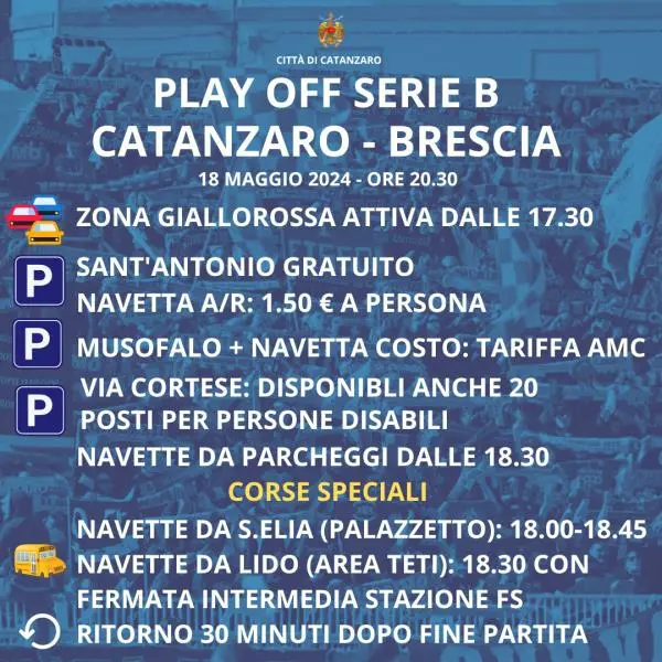 images Zona Giallorossa per Catanzaro - Brescia (play off): le disposizioni su traffico, viabilità, navette con corse speciali da Lido e Sant'Elia 