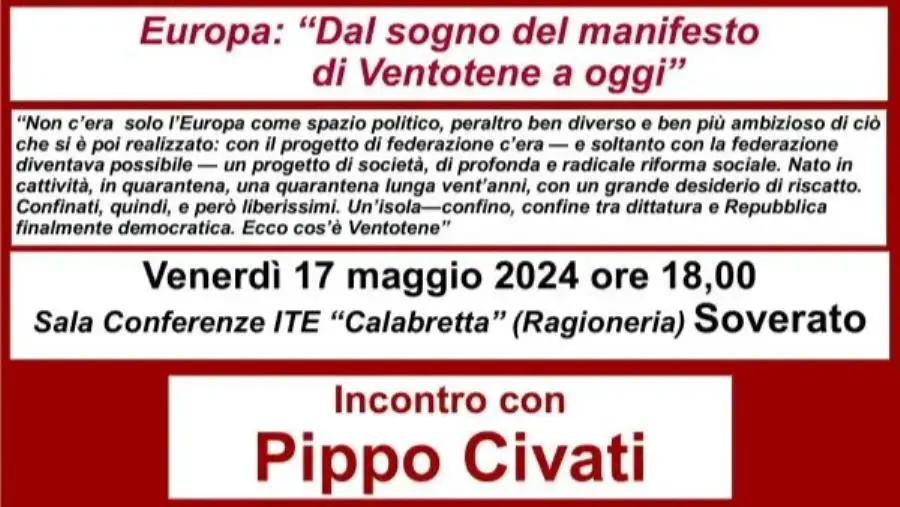 Soverato, venerdì 17  l'incontro "Europa: dal sogno del manifesto di Ventotene a oggi" con Pippo Civati