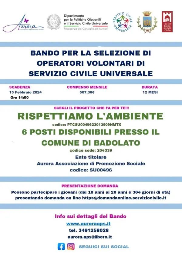 images Servizio Civile Universale a Badolato, 10 posti disponibili su 2 progetti: domande entro 15 febbraio 2024