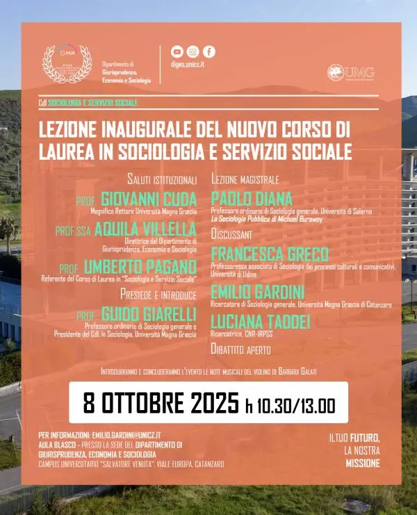 Catanzaro, Corso di laurea in Sociologia e Servizio sociale dell'Umg: l'8 ottobre la lezione inaugurale