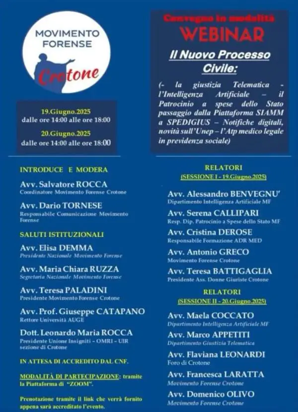 Il Nuovo Processo Civile al centro del webinar organizzato dal Movimento Forense di Crotone
