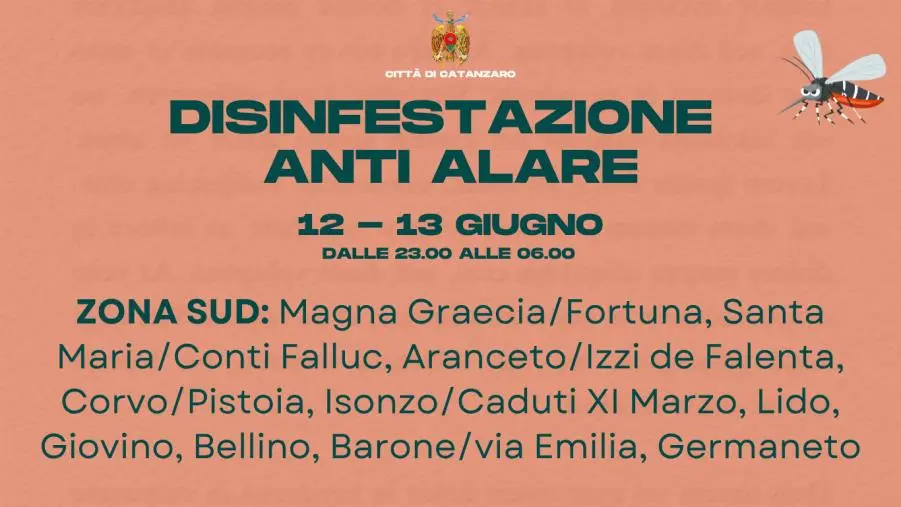 Disinfestazione anti-alare a Catanzaro: interventi notturni nel quartiere Lido tra il 12 e il 13 giugno 