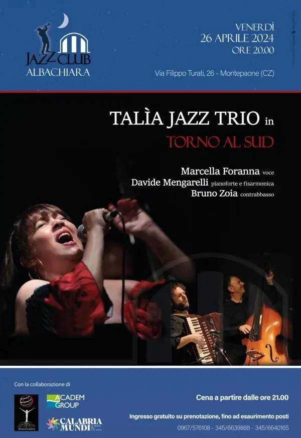 images Albachiara Jazz Club, venerdì a Montepaone grande serata con il Talìa Jazz Trio in “Torno al Sud”