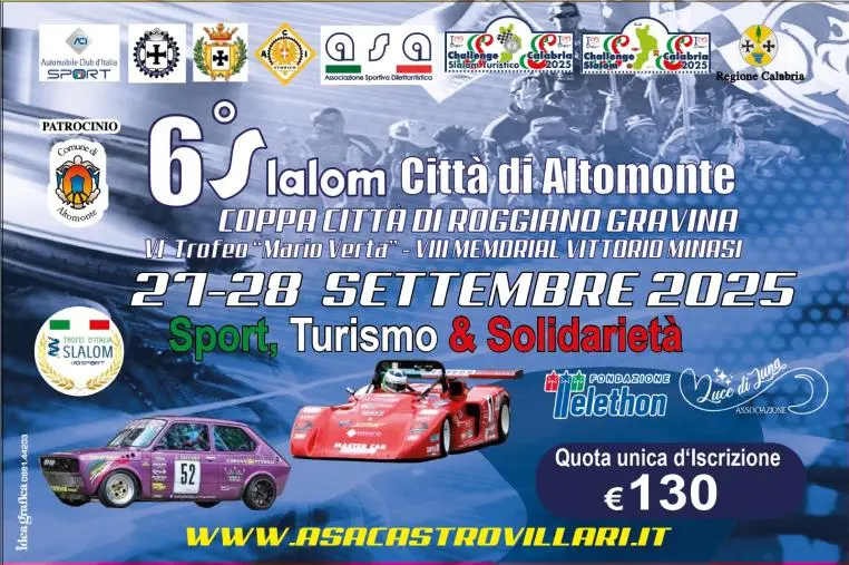 Motori e solidarietà: il 6° Slalom Città di Altomonte corre anche per Telethon e Luce di Luna