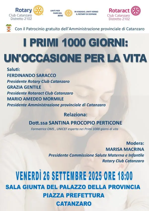 "I primi 1000 giorni: un’occasione per la vita”: a Catanzaro convegno di Rotary Club e Rotaract Club 