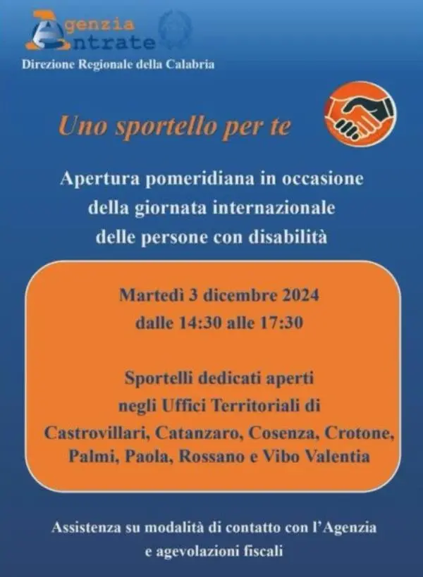 Giornata internazionale sui diritti delle persone con disabilità, l’Agenzia delle Entrate della Calabria apre “Uno sportello per te”