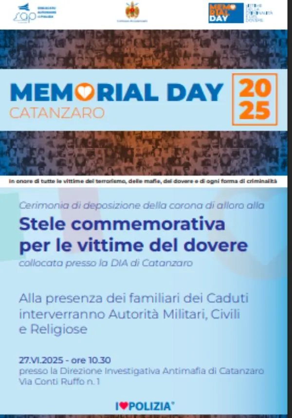 images Catanzaro, 'Memorial Day': il Sap ricorda le vittime della mafia, del dovere e di ogni forma di criminalità