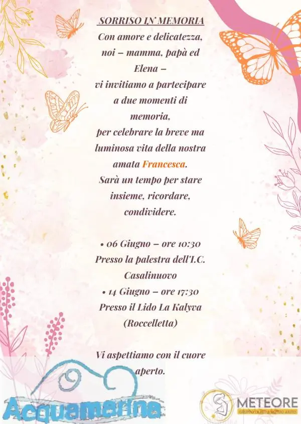 images Catanzaro, Gruppo Meteore e l'associazione "Acquamarina" ricordano la piccola Francesca 