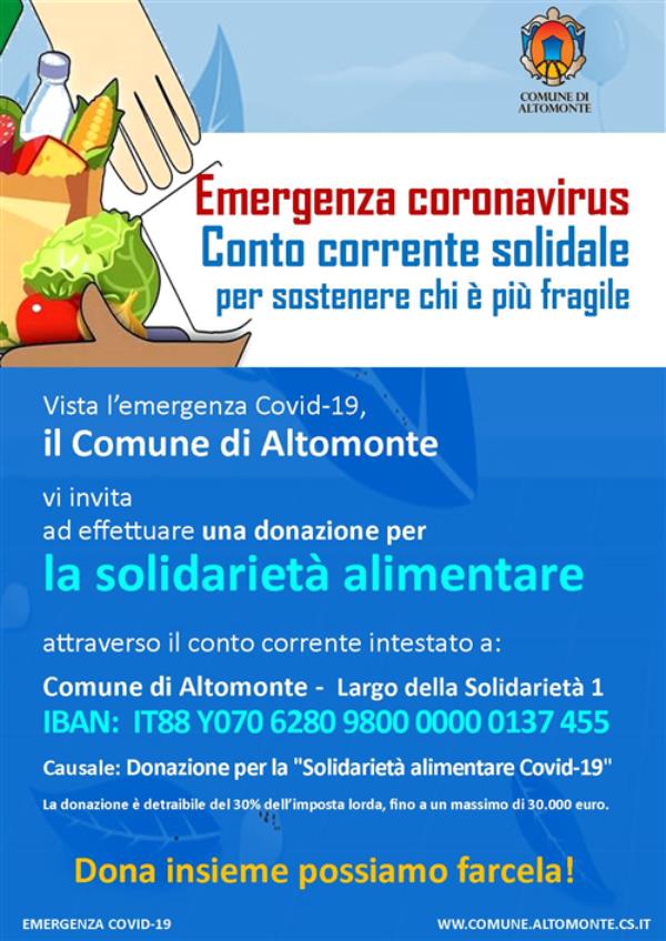 Coronavirus. Il Comune di Altomonte apre un conto corrente solidale per sostenere le famiglie in difficoltà