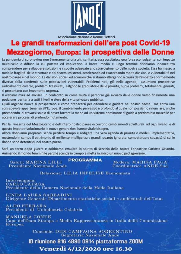 “Le grandi trasformazioni dell’era post Covid-19. Mezzogiorno, Europa: la prospettiva delle Donne”. Il webinar promosso da Marisa Fagà 