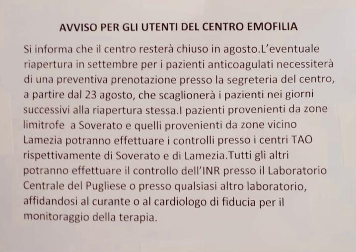 Catanzaro. L'ambulatorio di Emofilia del 'Pugliese' chiude ad agosto, il Codacons: "Interruzione di pubblico servizio"