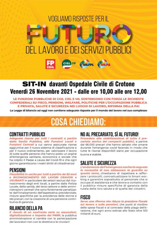 Mobilitazione per modificare la legge di bilancio: sit in di Fp Cgil, Cisl Fp, Uil Fpl e UilPa domani davanti all’ospedale di Crotone 