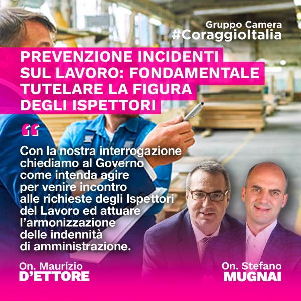 images Ispettori del lavoro, Mugnai e D'Ettore (Coraggio Italia) interrogano il ministro Orlando: "Armonizzare indennità di amministrazione"