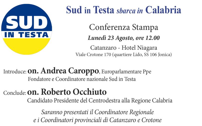 “Sud in testa” sbarca in Calabria: lunedì a Catanzaro conferenza stampa con Occhiuto e Caroppo