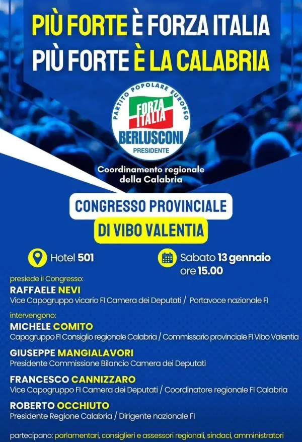 Forza Italia, sabato 13 gennaio il congresso provinciale di Vibo Valentia