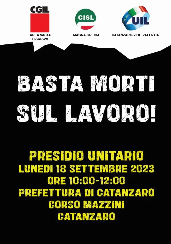 images Morti sul lavoro: domani a Catanzaro la manifestazione dei sindacati: ci saranno anche due circoli Pd