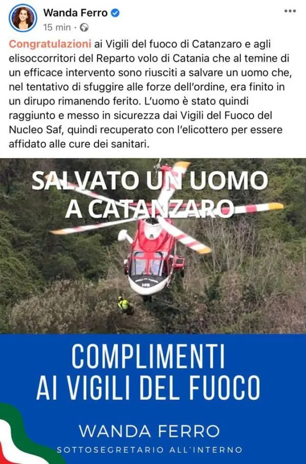 images Uomo si lancia in un dirupo a Catanzaro, Ferro: "Complimenti ad elisoccorritori e Vigili del Fuoco"