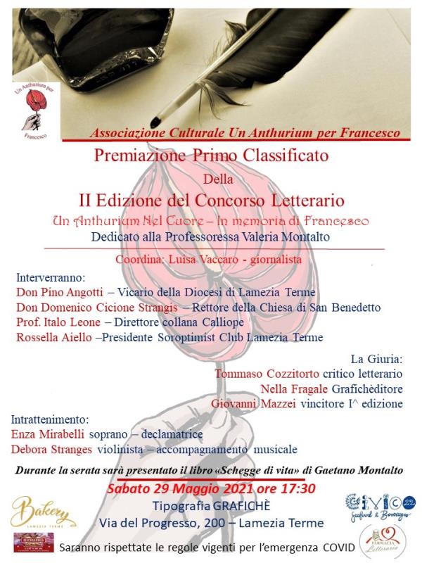 Lamezia Terme. Sabato 29 maggio la seconda edizione del concorso letterario “Un Anthurium nel cuore"