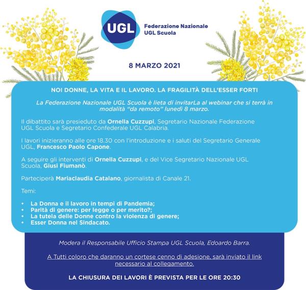 8 marzo. Domani webinar di UGL scuola "Noi Donne, la vita e il lavoro. La fragilità dell’esser forti"