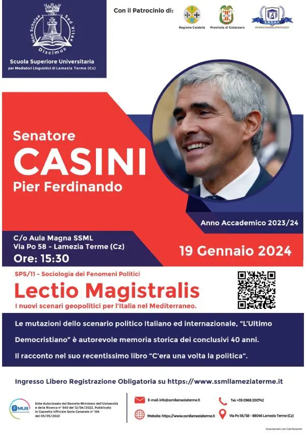 Il 19 gennaio alla Scuola Superiore Universitaria per Mediatori Linguistici di Lamezia la Lectio Magistralis di Pier Ferdinando Casini 